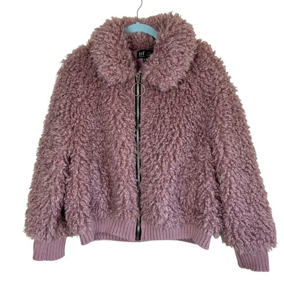 Zara TRF Sz S Faux Shearling Bomber Jacket in Mauve Fuzzy Zip-up Boho Warm - Picture 2 of 16